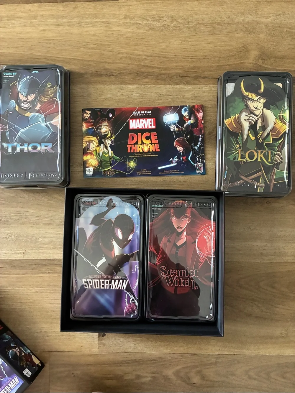 Marvel Dice Throne Battle Chest Game Thor Loki Scarlet Witch Spider-Man- EUC